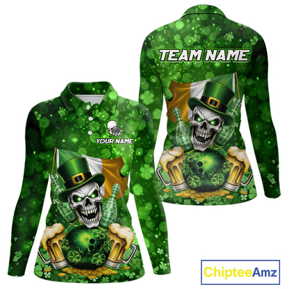 Custom Funny Skull Bowling and Beer Ireland Flag Green St Patrick Team Bowling Jerseys For Women NQS11484