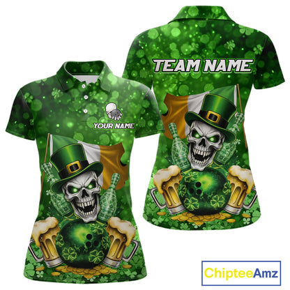 Custom Funny Skull Bowling and Beer Ireland Flag Green St Patrick Team Bowling Jerseys For Women NQS11484