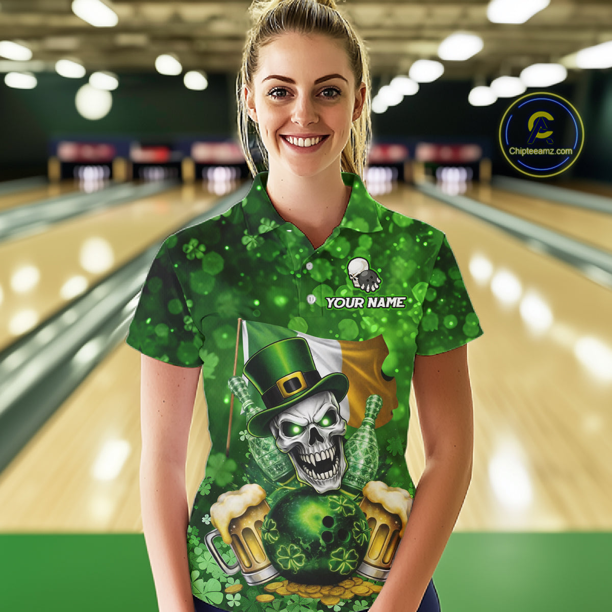 Custom Funny Skull Bowling and Beer Ireland Flag Green St Patrick Team Bowling Jerseys For Women NQS11484