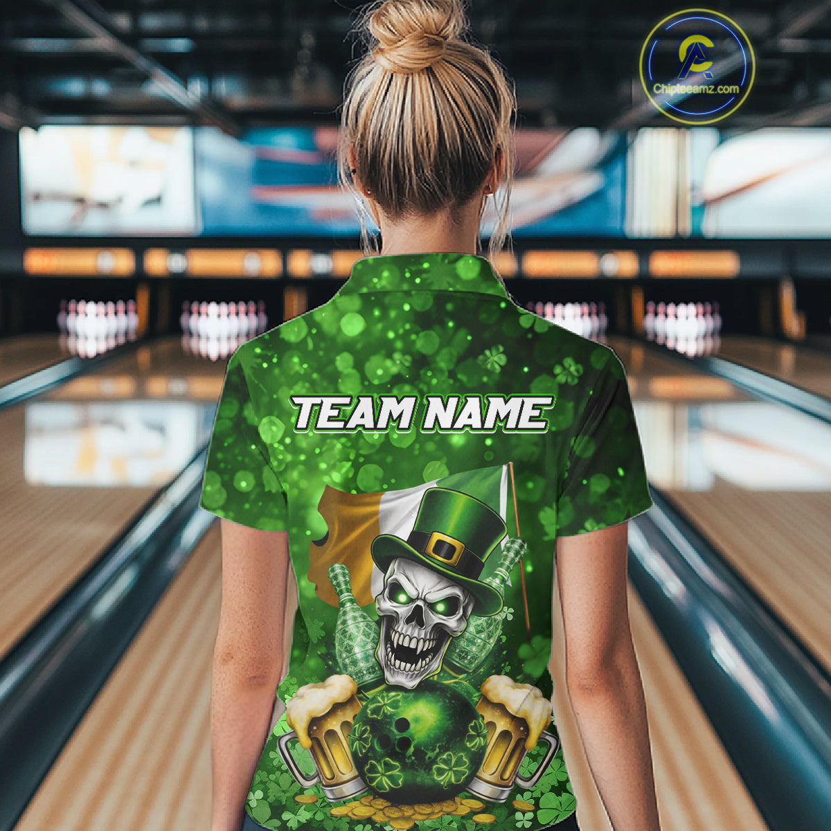 Custom Funny Skull Bowling and Beer Ireland Flag Green St Patrick Team Bowling Jerseys For Women NQS11484