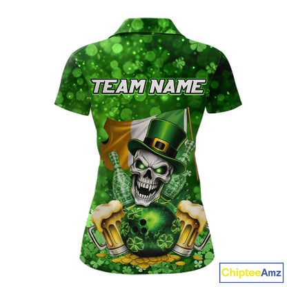 Custom Funny Skull Bowling and Beer Ireland Flag Green St Patrick Team Bowling Jerseys For Women NQS11484