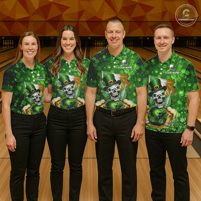 Custom Funny Skull Bowling and Beer Ireland Flag Green St Patrick Team Bowling Jerseys For Men NQS11484