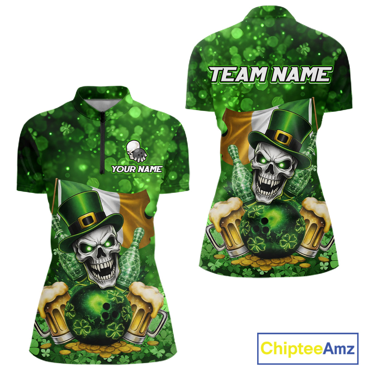 Custom Funny Skull Bowling and Beer Ireland Flag Green St Patrick Team Bowling Jerseys For Women NQS11484