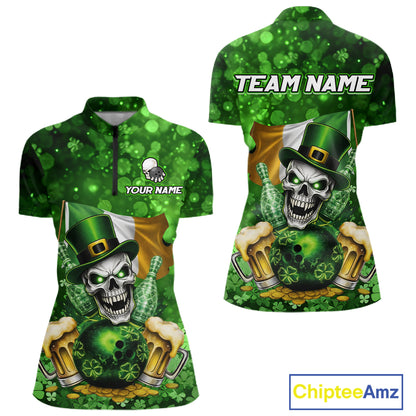 Custom Funny Skull Bowling and Beer Ireland Flag Green St Patrick Team Bowling Jerseys For Women NQS11484
