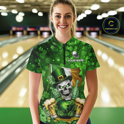 Custom Funny Skull Bowling and Beer Ireland Flag Green St Patrick Team Bowling Jerseys For Women NQS11484