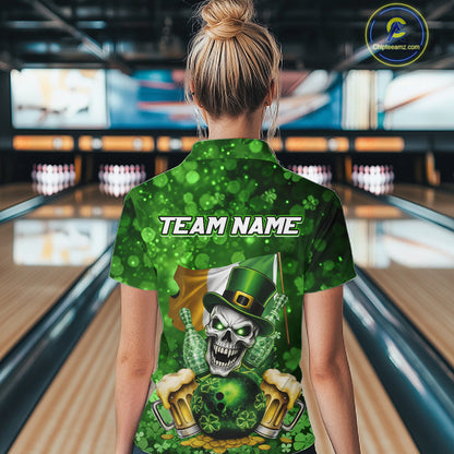 Custom Funny Skull Bowling and Beer Ireland Flag Green St Patrick Team Bowling Jerseys For Women NQS11484