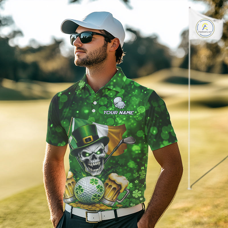 Custom Funny Skull Golf and Beer Ireland Flag Green St Patrick Team Polo shirts for Men, golfing gift NQS11485