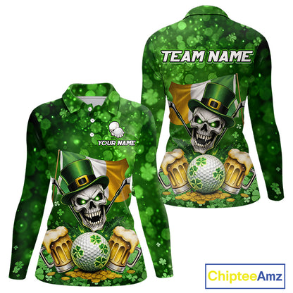 Custom Funny Skull Golf and Beer Ireland Flag Green St Patrick Team Golf Polo shirts for Women NQS11485