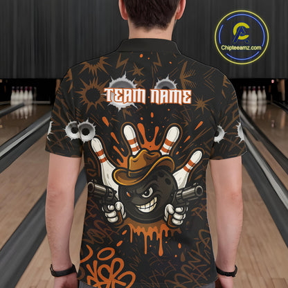 Funny Black and Orange Bowling Cowboy gun Men bowling polo, 1/4 zip shirts Custom bowling team jersey NQS10688