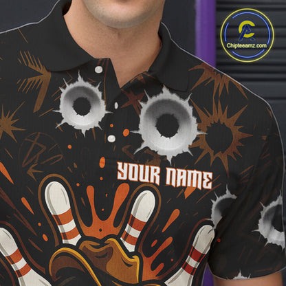 Funny Black and Orange Bowling Cowboy gun Men bowling polo, 1/4 zip shirts Custom bowling team jersey NQS10688
