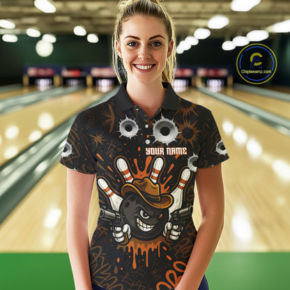 Funny Black & Orange Bowling Cowboy gun Women bowling polo, 1/4 zip shirt Custom bowling team jersey NQS10688