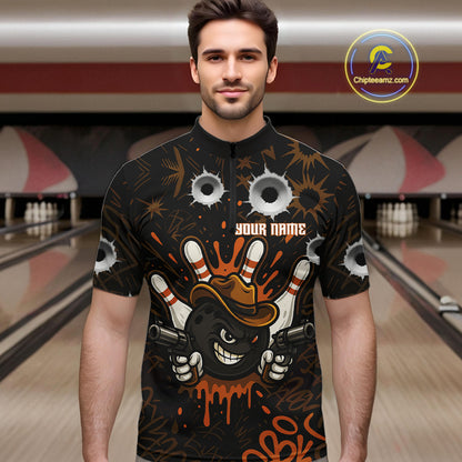 Funny Black and Orange Bowling Cowboy gun Men bowling polo, 1/4 zip shirts Custom bowling team jersey NQS10688