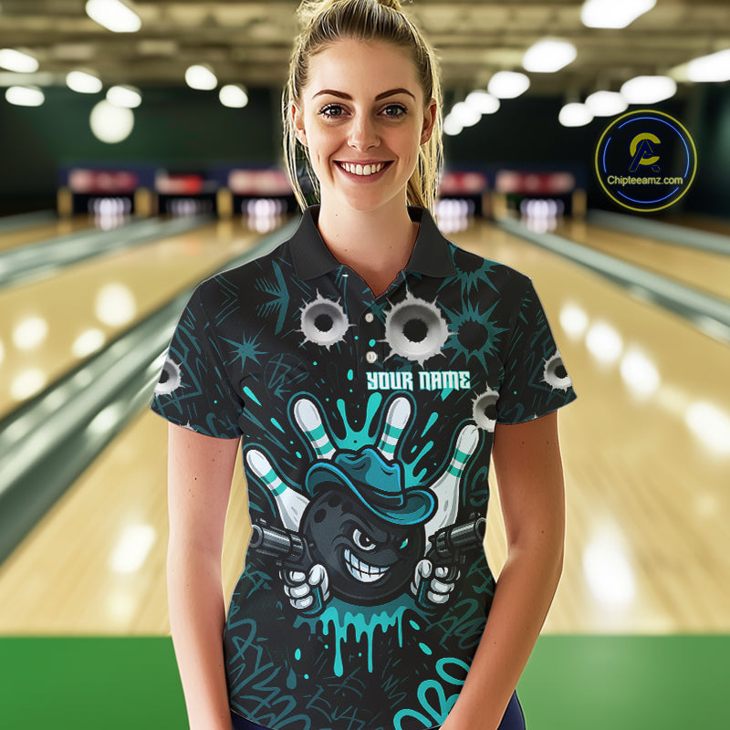 Black and Cyan Blue Bowling Cowboy gun Women bowling polo, 1/4 zip shirt Custom bowling team jersey NQS10689