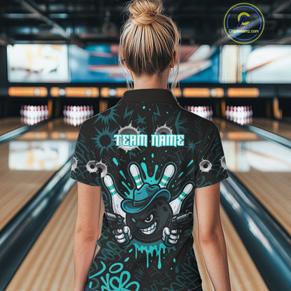 Black and Cyan Blue Bowling Cowboy gun Women bowling polo, 1/4 zip shirt Custom bowling team jersey NQS10689