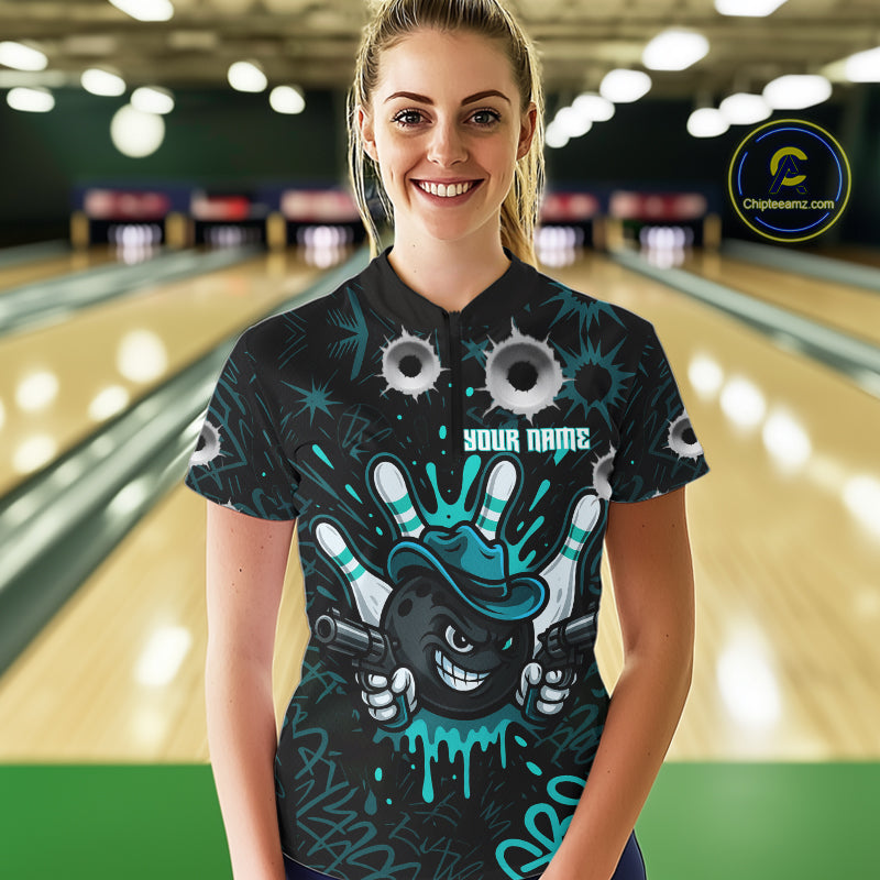 Black and Cyan Blue Bowling Cowboy gun Women bowling polo, 1/4 zip shirt Custom bowling team jersey NQS10689