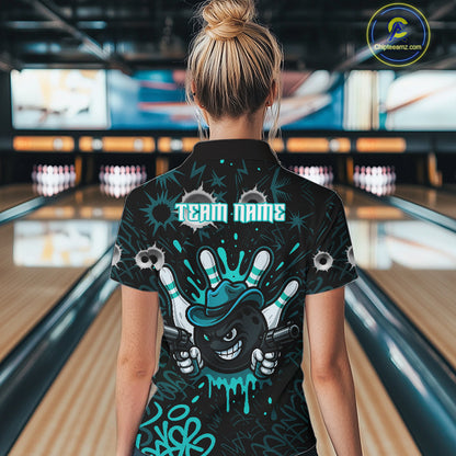 Black and Cyan Blue Bowling Cowboy gun Women bowling polo, 1/4 zip shirt Custom bowling team jersey NQS10689