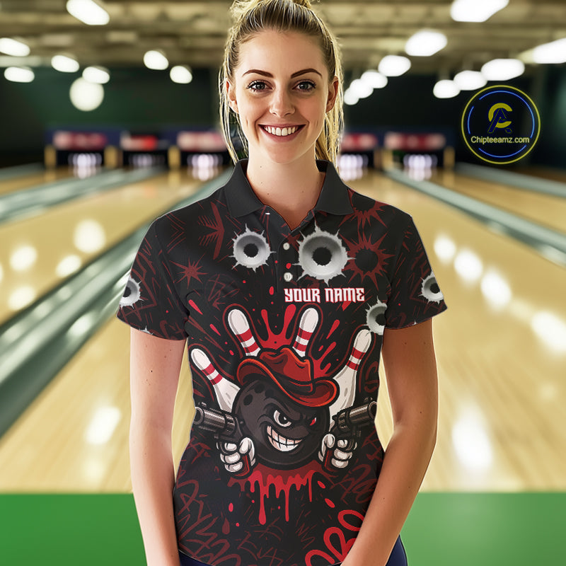 Funny Black and Red Bowling Cowboy gun Women bowling polo, 1/4 zip shirt Custom bowling team jersey NQS10690