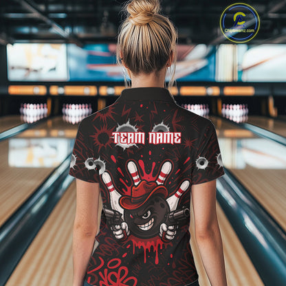 Funny Black and Red Bowling Cowboy gun Women bowling polo, 1/4 zip shirt Custom bowling team jersey NQS10690