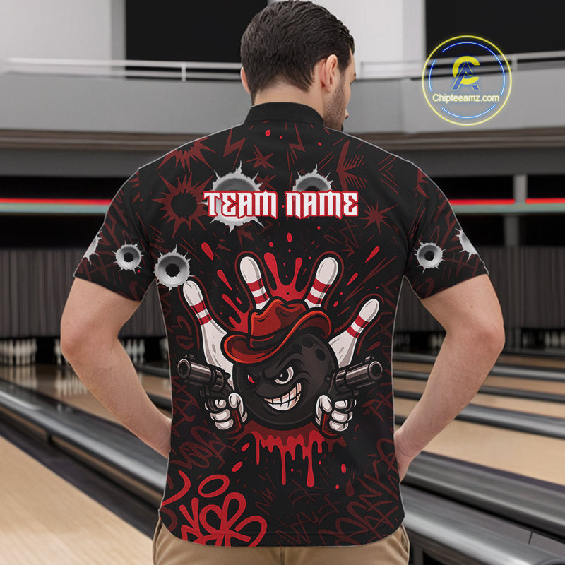 Funny Black and Red Bowling Cowboy gun Men bowling polo, 1/4 zip shirts Custom bowling team jersey NQS10690
