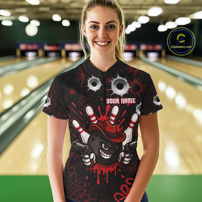 Funny Black and Red Bowling Cowboy gun Women bowling polo, 1/4 zip shirt Custom bowling team jersey NQS10690