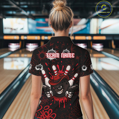 Funny Black and Red Bowling Cowboy gun Women bowling polo, 1/4 zip shirt Custom bowling team jersey NQS10690