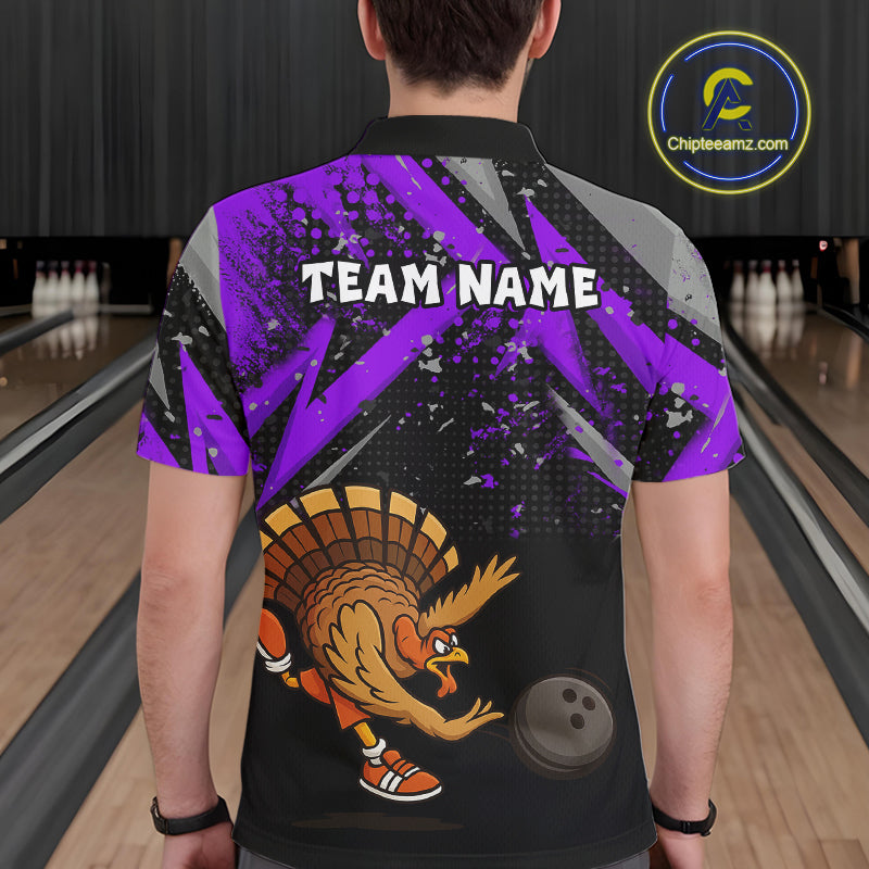 Custom Funny Turkey Bowling Jersey Black and Purple Thanksgiving Bowling Team Men Polo, 1/4 Zip Shirt NQS10901