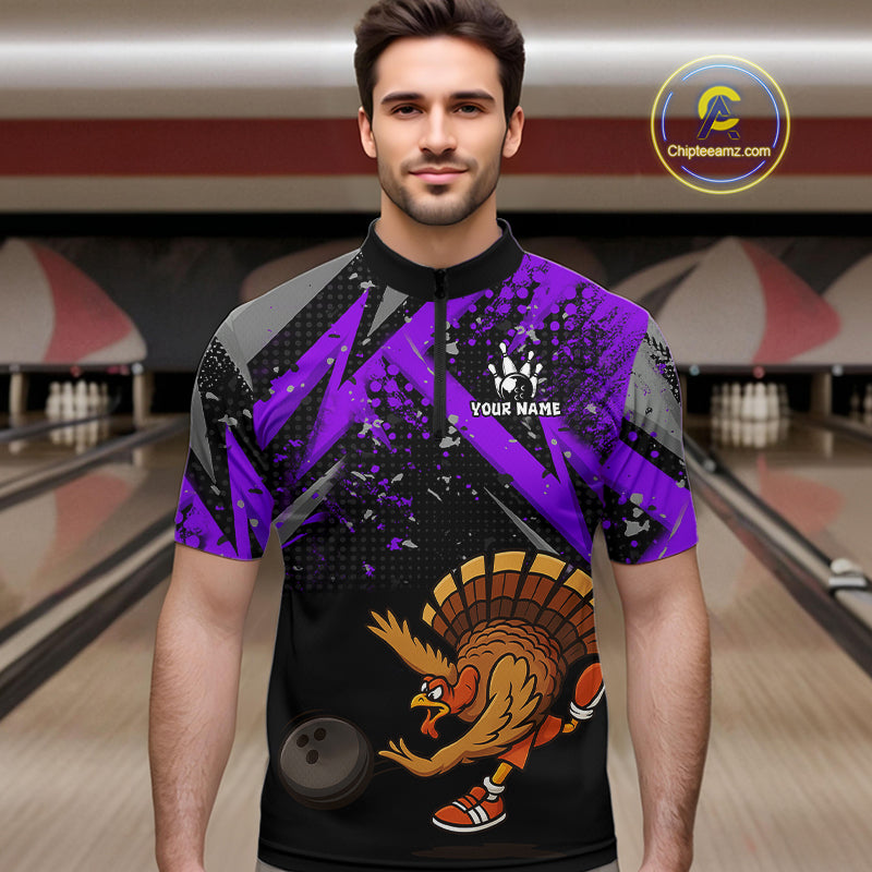 Custom Funny Turkey Bowling Jersey Black and Purple Thanksgiving Bowling Team Men Polo, 1/4 Zip Shirt NQS10901