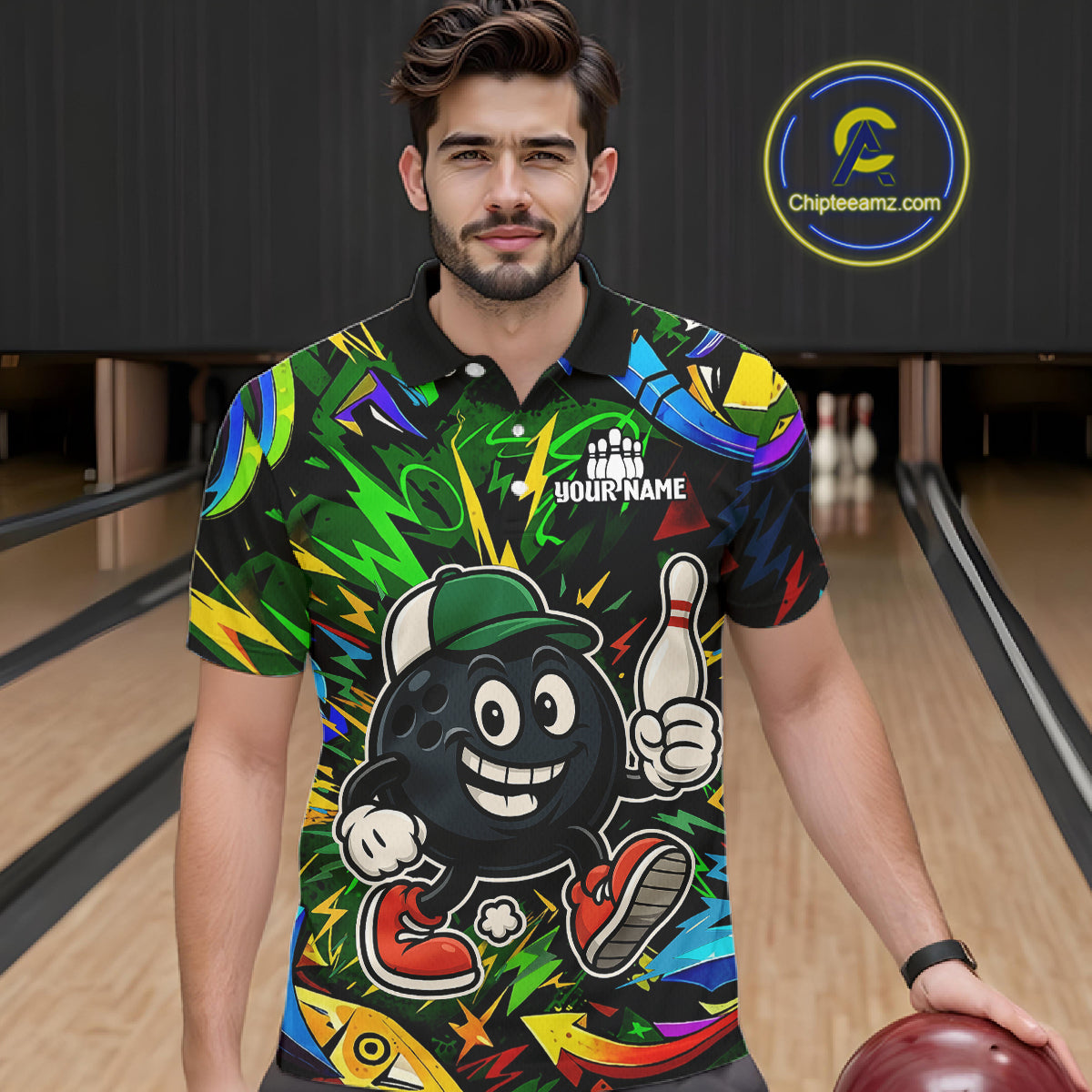 Green graffiti pattern Funny Bowling polo, quarter zip shirts for men custom Bowling team jerseys NQS11079