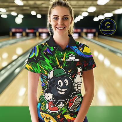 Green graffiti pattern Funny Bowling polo, quarter zip shirts for women custom Bowling team jerseys NQS11079