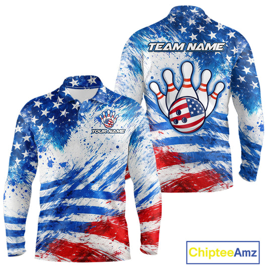 Red, White and Blue American Flag Bowling Shirts For Men Custom patriotic Team Bowling Jerseys NQS11505