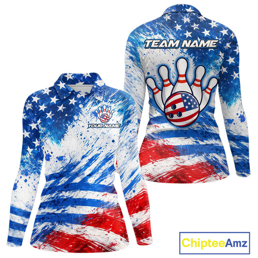 Red, White and Blue American Flag Bowling Shirts For Women Custom patriotic Team Bowling Jerseys NQS11505