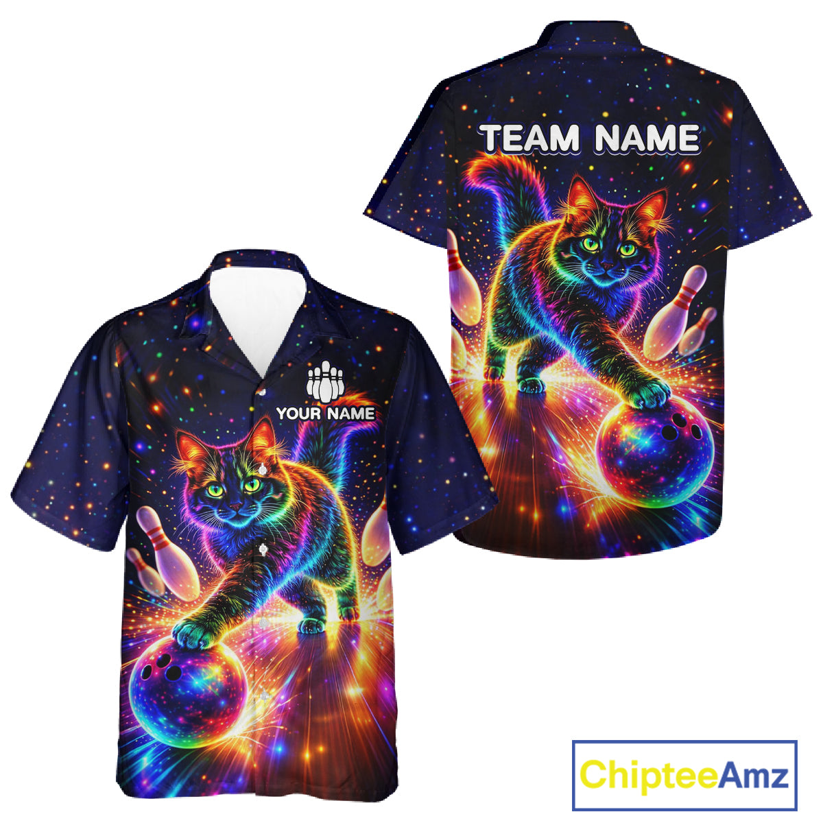 Personalized Hawaiian Bowling Shirts Custom Cat Team Bowling Apparel, Colorful Neon bowling shirts NQS11517