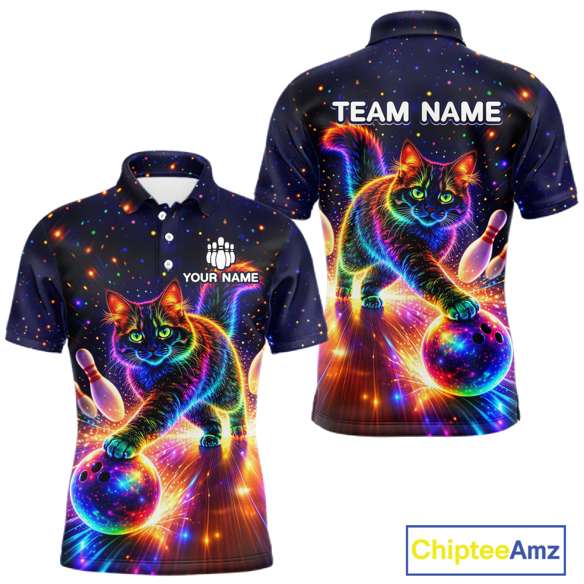 Personalized Bowling Shirts for Men Custom Cat Team Bowling Apparel, Colorful Neon bowling shirts NQS11517