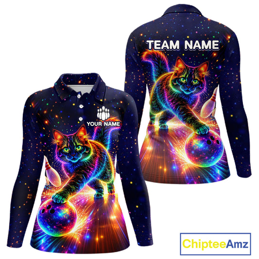 Personalized Bowling Shirts for Women Custom Cat Team Bowling Apparel, Colorful Neon bowling shirts NQS11517