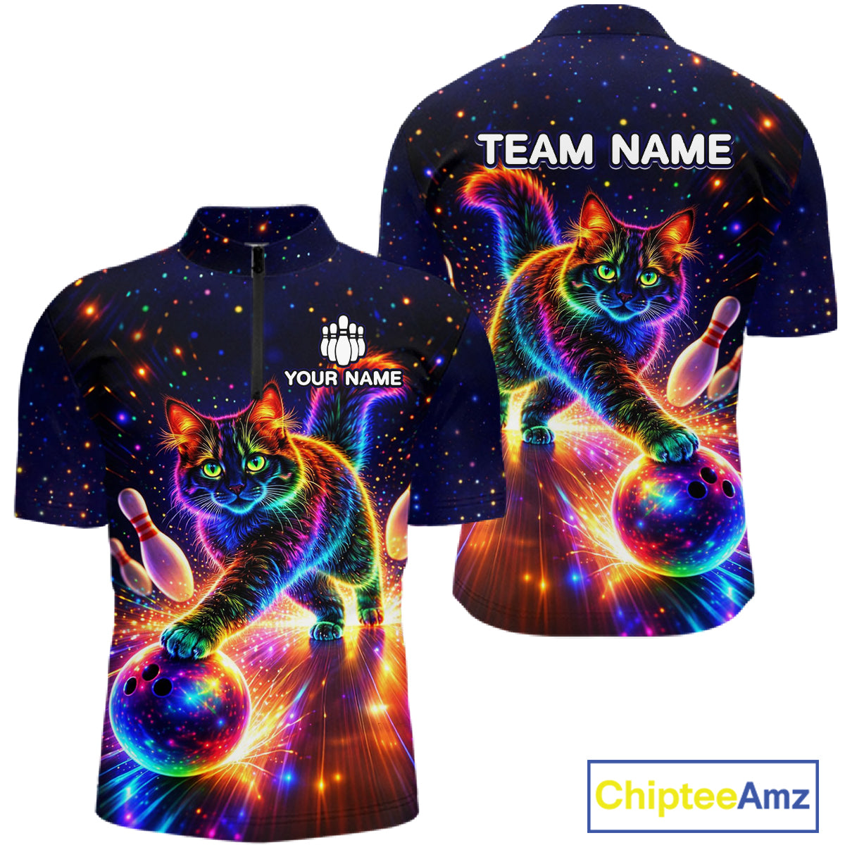 Personalized Bowling Shirts for Men Custom Cat Team Bowling Apparel, Colorful Neon bowling shirts NQS11517