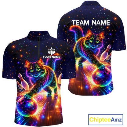 Personalized Bowling Shirts for Men Custom Cat Team Bowling Apparel, Colorful Neon bowling shirts NQS11517