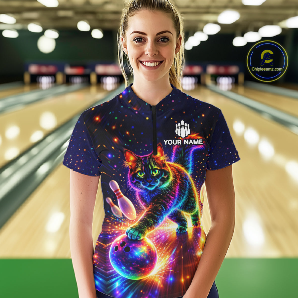 Personalized Bowling Shirts for Women Custom Cat Team Bowling Apparel, Colorful Neon bowling shirts NQS11517