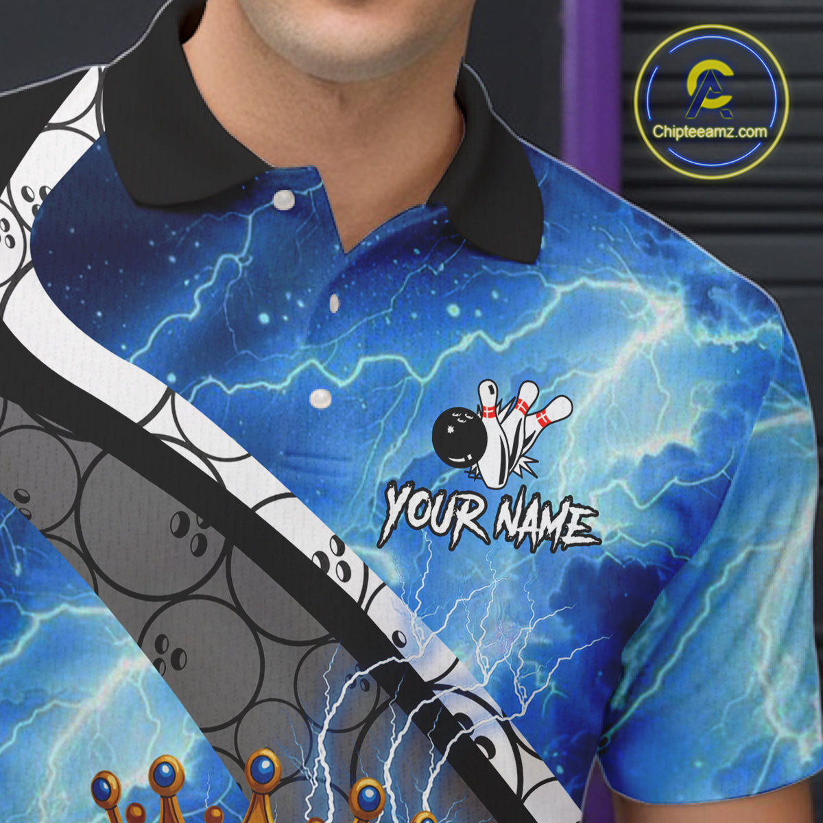 Funny King Crown Bowling Blue Lightning Thunder Bowling Shirts for Men Custom Bowling Team Jersey NQS10928