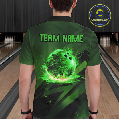 Custom Black and Green Flame Mens Bowling Shirts, Bowling Polo, 1/4 Zip Team Jerseys NQS11130