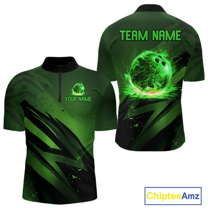 Custom Black and Green Flame Mens Bowling Shirts, Bowling Polo, 1/4 Zip Team Jerseys NQS11130