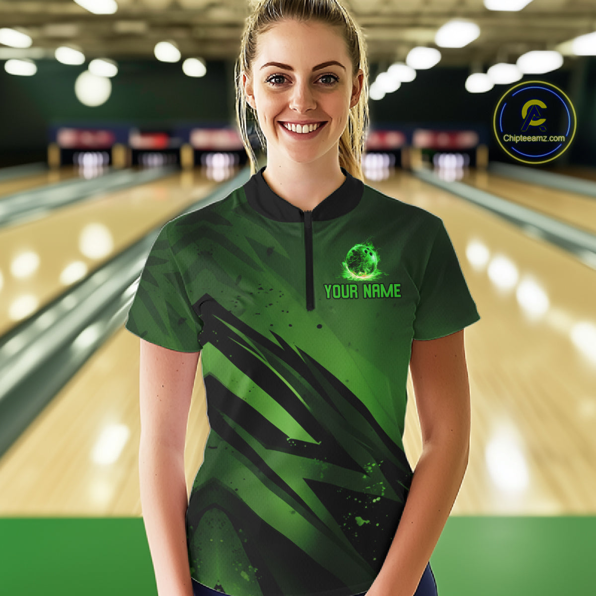 Custom Black and Green Flame Womens Bowling Shirts, Bowling Polo, 1/4 Zip Team Jerseys NQS11130