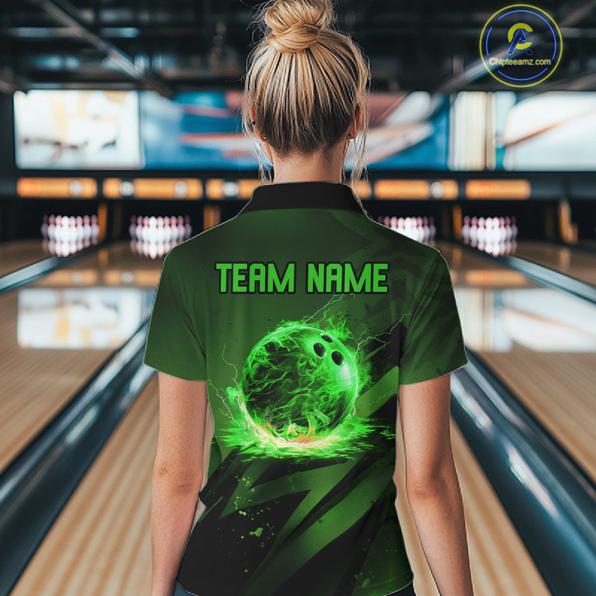 Custom Black and Green Flame Womens Bowling Shirts, Bowling Polo, 1/4 Zip Team Jerseys NQS11130