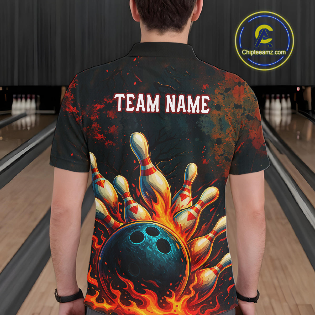 Red Flame Bowling Polo, Quarter Zip Shirts for Men Custom Team Bowling Outfit, Gift for Bowlers NQS10752