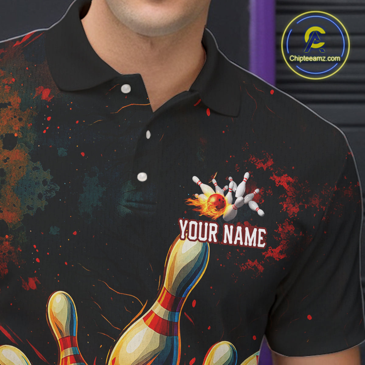 Red Flame Bowling Polo, Quarter Zip Shirts for Men Custom Team Bowling Outfit, Gift for Bowlers NQS10752
