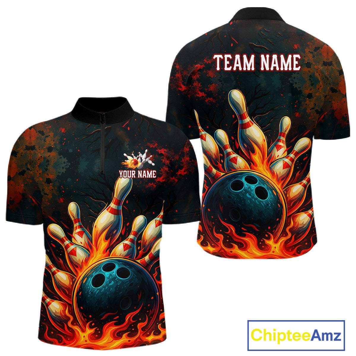 Red Flame Bowling Polo, Quarter Zip Shirts for Men Custom Team Bowling Outfit, Gift for Bowlers NQS10752