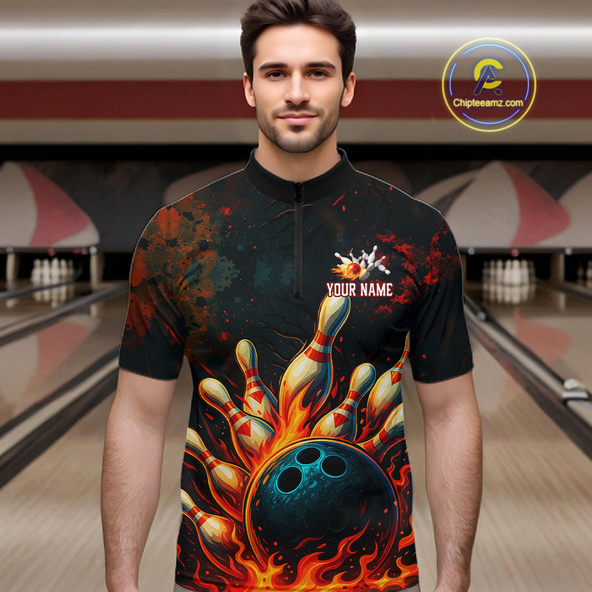 Red Flame Bowling Polo, Quarter Zip Shirts for Men Custom Team Bowling Outfit, Gift for Bowlers NQS10752