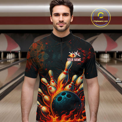 Red Flame Bowling Polo, Quarter Zip Shirts for Men Custom Team Bowling Outfit, Gift for Bowlers NQS10752