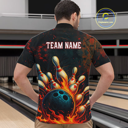 Red Flame Bowling Polo, Quarter Zip Shirts for Men Custom Team Bowling Outfit, Gift for Bowlers NQS10752
