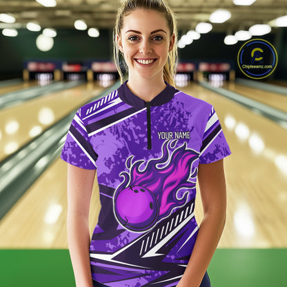 Purple Camo Flame Bowling Shirts For Women Custom Bowling Team Jerseys NQS10754
