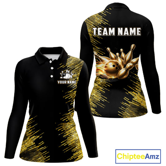 Black and Gold Flame Bowling Shirts For Women Custom Team Bowling jerseys, Gift For Bowlers NQS11342